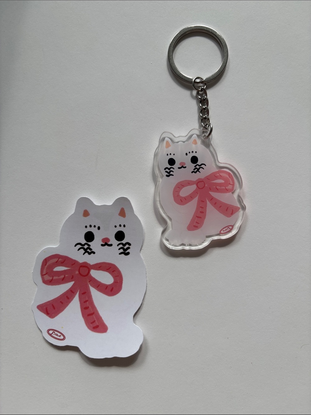 Cute White Cat Keychain with Pink Bow Keychain + Sticker Set